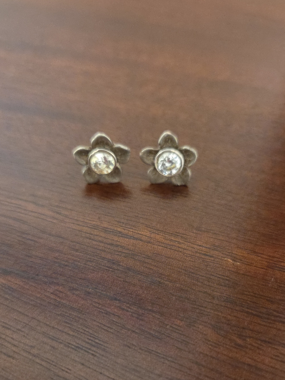 Sterling Flower Stud Earrings with Clear Crystal Centers - Silver Tone